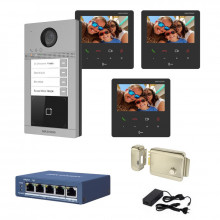 Videointerfon IP Hikvision 3 familii, 3 monitoare 4.3 inch, kit complet