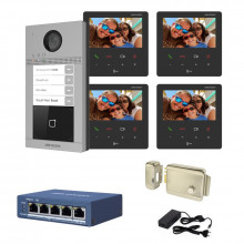 Videointerfon IP Hikvision 4 familii, 4 monitoare 4.3 inch, kit complet