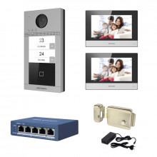 Videointerfon IP Hikvision 2 familii, 2 monitoare 7 inch, kit complet