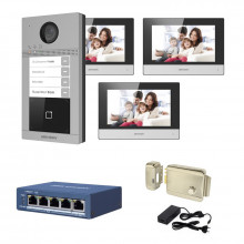Videointerfon IP Hikvision 3 familii, 3 monitoare 7 inch, kit complet 	
