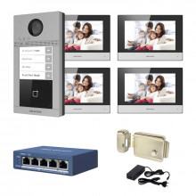 Videointerfon IP Hikvision 4 familii, 4 monitoare 7 inch, kit complet 