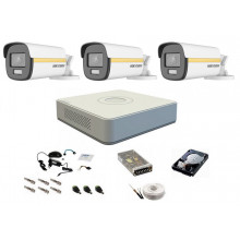 Sistem camere supraveghere cu lumina alba Color VU Hikvision, 5MP, 3 camere, WL 40m, color noaptea