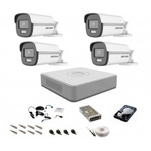 Kit camere supraveghere cu lumina alba Color VU Hikvision, 5MP, 4 camere , WL 40m, color noaptea