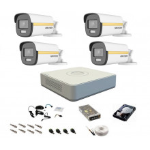 Kit camere supraveghere cu lumina alba Color VU Hikvision, 5MP, 4 camere , WL 40m, color noaptea
