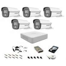 Sistem camere supraveghere cu lumina alba Color VU Hikvision, 5MP, 5 camere , WL 40m, color noaptea