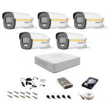 Sistem camere supraveghere cu lumina alba Color VU Hikvision, 5MP, 5 camere , WL 40m, color noaptea
