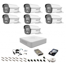 Sistem camere supraveghere cu lumina alba Color VU Hikvision, 5MP, 7 camere , WL 40m, color noaptea