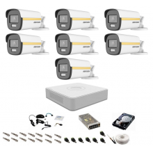 Sistem camere supraveghere cu lumina alba Color VU Hikvision, 5MP, 7 camere , WL 40m, color noaptea