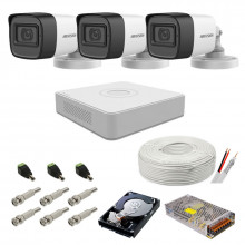 Kit supraveghere complet audio-video Hikvision, 2MP, 3 camere, IR 30m