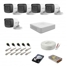 Kit supraveghere complet audio-video Hikvision, 2MP, 5 camere, IR 30m