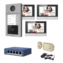 Videointerfon IP Hikvision 3 familii, 3 monitoare 7 inch, kit complet Videointerfon IP Hikvision 3 familii, 3 monitoare 7 inch, kit complet